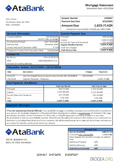 Azerbaïdjan Atabank relevé hypothécaire de la banque scr
